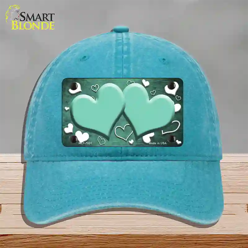 Mint White Love Hearts Oil Rubbed Novelty License Plate Hat Unconstructed Cotton / Lake Blue