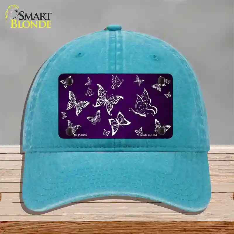 Purple White Butterfly Oil Rubbed Novelty License Plate Hat Unconstructed Cotton / Lake Blue