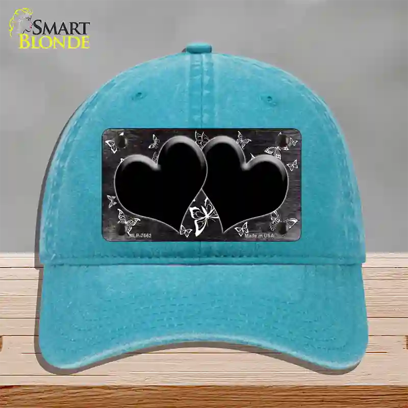 Black White Hearts Butterfly Oil Rubbed Novelty License Plate Hat Unconstructed Cotton / Lake Blue