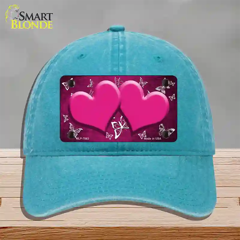 Pink White Hearts Butterfly Oil Rubbed Novelty License Plate Hat Unconstructed Cotton / Lake Blue