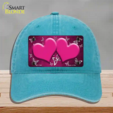 Pink White Hearts Butterfly Oil Rubbed Novelty License Plate Hat Unconstructed Cotton / Lake Blue