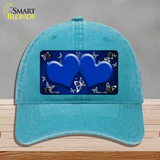 Blue White Hearts Butterfly Oil Rubbed Novelty License Plate Hat Unconstructed Cotton / Lake Blue