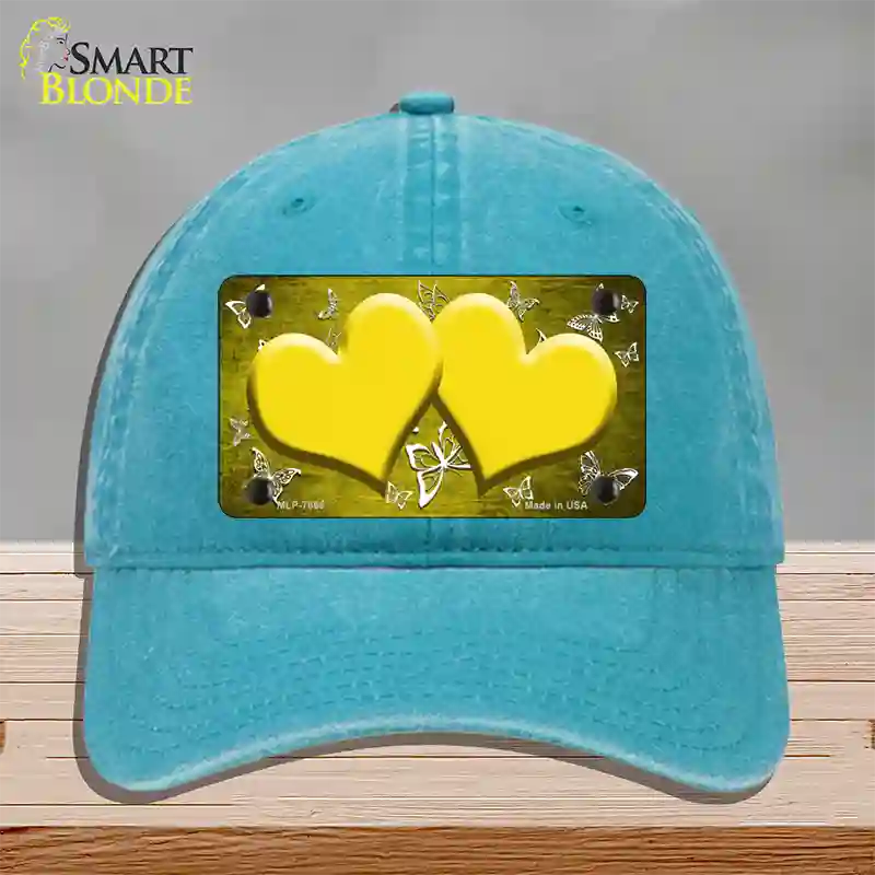 Yellow White Hearts Butterfly Oil Rubbed Novelty License Plate Hat Unconstructed Cotton / Lake Blue