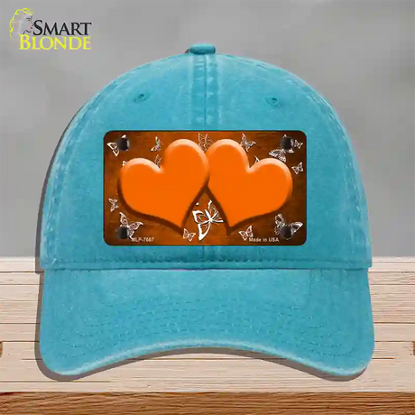 Orange White Hearts Butterfly Oil Rubbed Novelty License Plate Hat Unconstructed Cotton / Lake Blue