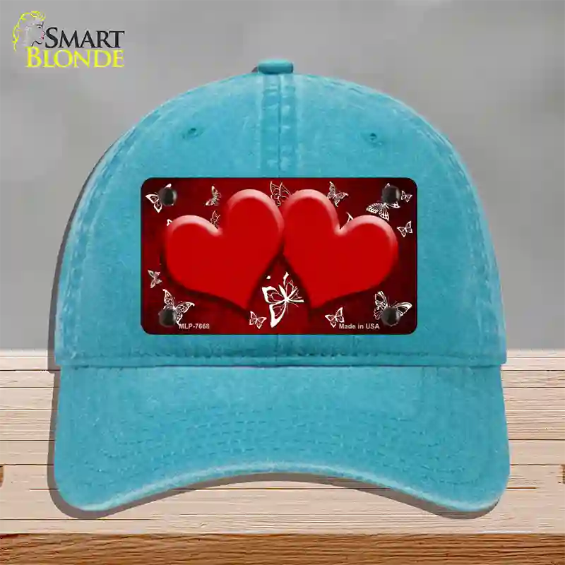 Red White Hearts Butterfly Oil Rubbed Novelty License Plate Hat Unconstructed Cotton / Lake Blue