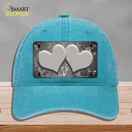 Gray White Hearts Butterfly Oil Rubbed Novelty License Plate Hat Unconstructed Cotton / Lake Blue