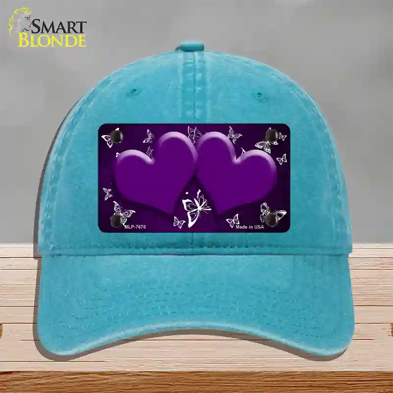 Purple White Hearts Butterfly Oil Rubbed Novelty License Plate Hat Unconstructed Cotton / Lake Blue