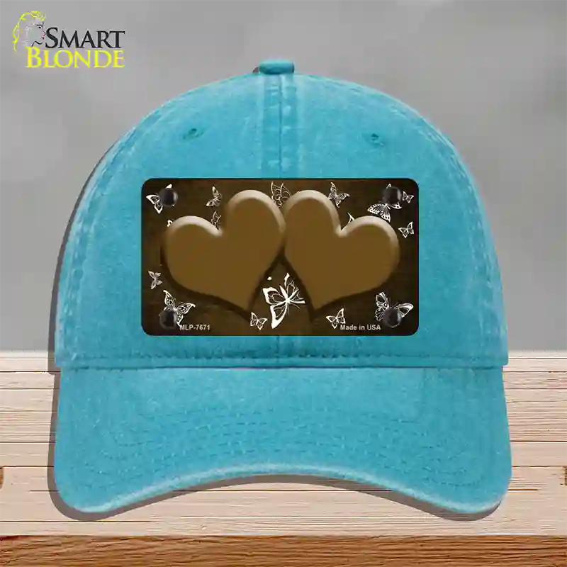 Brown White Hearts Butterfly Oil Rubbed Novelty License Plate Hat Unconstructed Cotton / Lake Blue