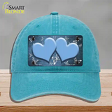 Light Blue White Hearts Butterfly Oil Rubbed Novelty License Plate Hat Unconstructed Cotton / Lake Blue