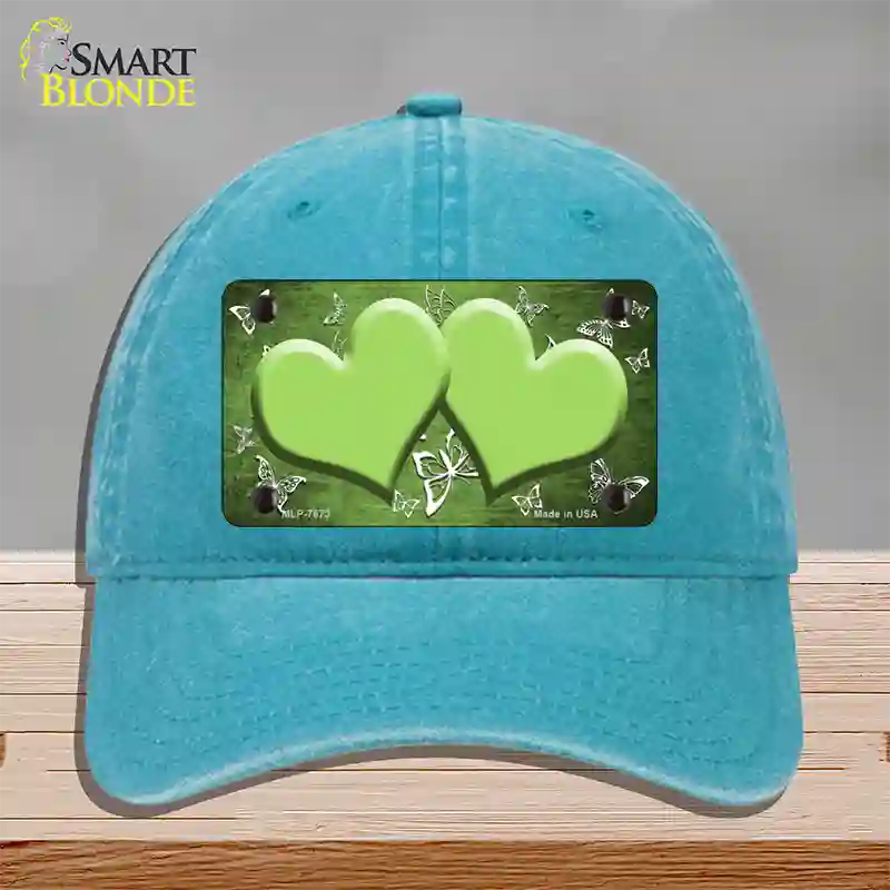 Lime Green White Hearts Butterfly Oil Rubbed Novelty License Plate Hat Unconstructed Cotton / Lake Blue