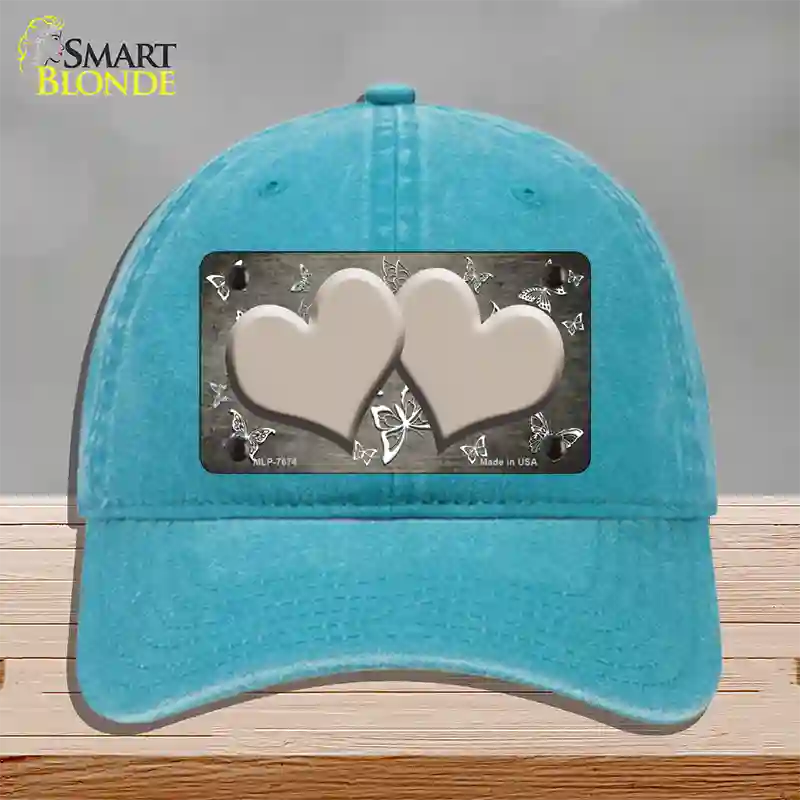 Tan White Hearts Butterfly Oil Rubbed Novelty License Plate Hat Unconstructed Cotton / Lake Blue