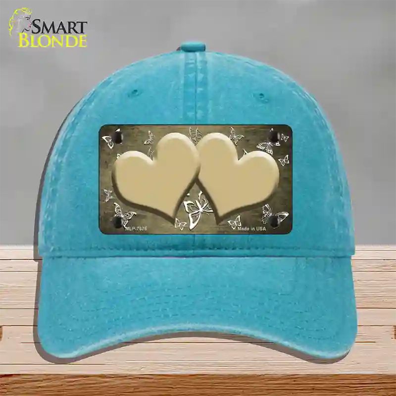 Gold White Hearts Butterfly Oil Rubbed Novelty License Plate Hat Unconstructed Cotton / Lake Blue