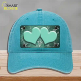 Mint White Hearts Butterfly Oil Rubbed Novelty License Plate Hat Unconstructed Cotton / Lake Blue