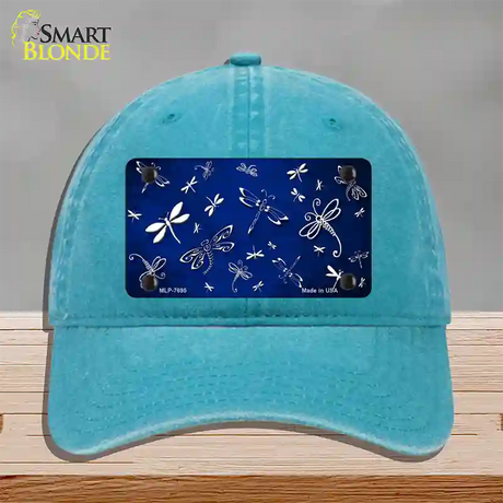 Blue White Dragonfly Oil Rubbed Novelty License Plate Hat Unconstructed Cotton / Lake Blue