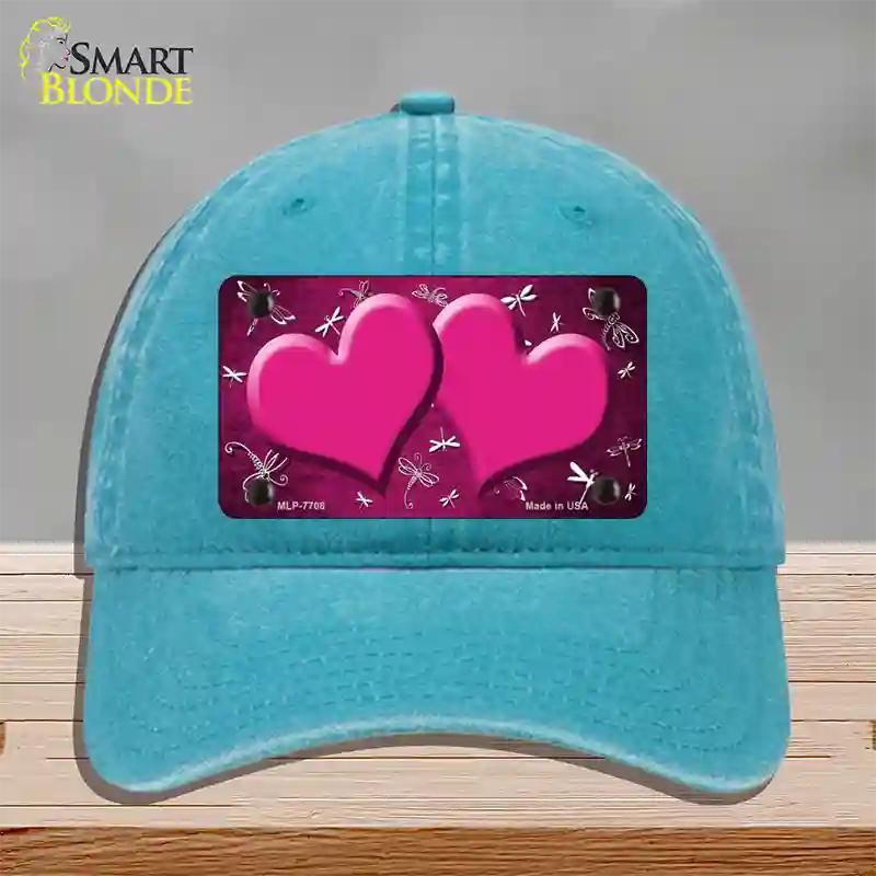 Pink White Dragonfly Hearts Oil Rubbed Novelty License Plate Hat Unconstructed Cotton / Lake Blue