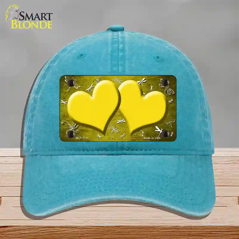 Yellow White Dragonfly Hearts Oil Rubbed Novelty License Plate Hat Unconstructed Cotton / Lake Blue