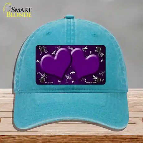 Purple White Dragonfly Hearts Oil Rubbed Novelty License Plate Hat Unconstructed Cotton / Lake Blue