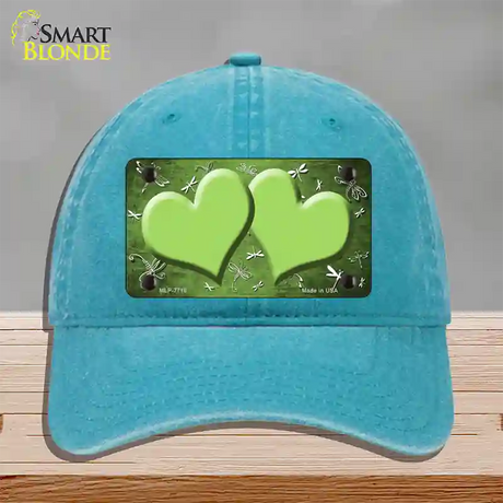 Lime Green White Dragonfly Hearts Oil Rubbed Novelty License Plate Hat Unconstructed Cotton / Lake Blue