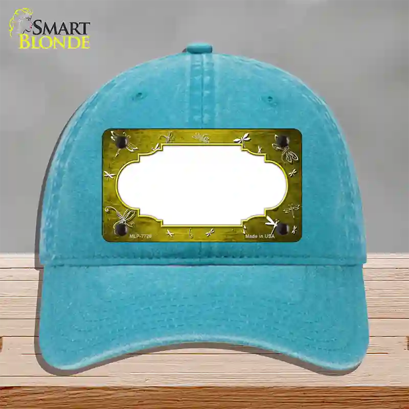 Yellow White Dragonfly Scallop Oil Rubbed Novelty License Plate Hat Unconstructed Cotton / Lake Blue