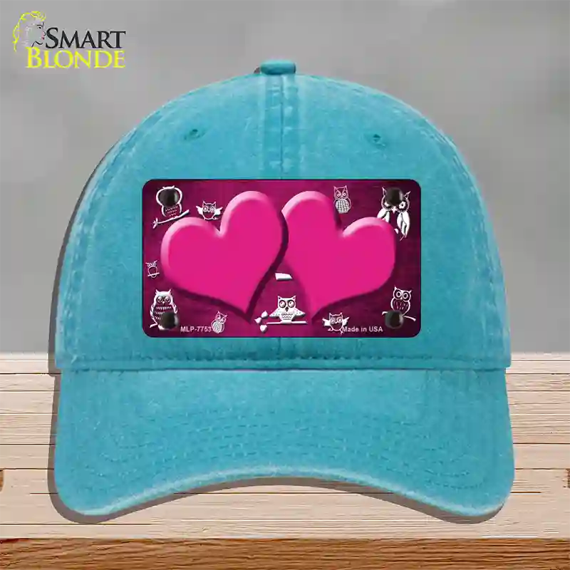 Pink White Owl Hearts Oil Rubbed Novelty License Plate Hat Unconstructed Cotton / Lake Blue