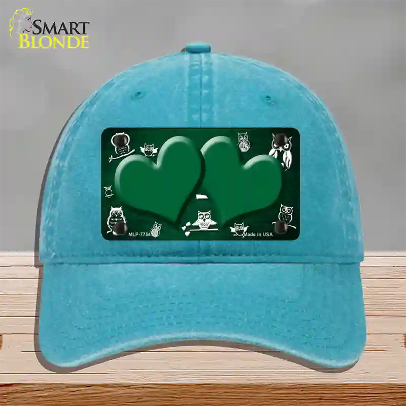 Green White Owl Hearts Oil Rubbed Novelty License Plate Hat Unconstructed Cotton / Lake Blue