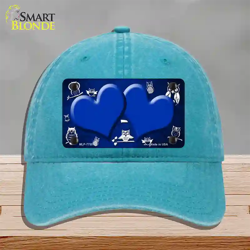 Blue White Owl Hearts Oil Rubbed Novelty License Plate Hat Unconstructed Cotton / Lake Blue