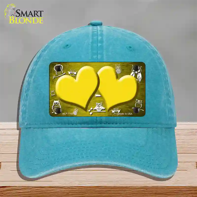 Yellow White Owl Hearts Oil Rubbed Novelty License Plate Hat Unconstructed Cotton / Lake Blue