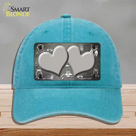 Gray White Owl Hearts Oil Rubbed Novelty License Plate Hat Unconstructed Cotton / Lake Blue