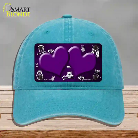 Purple White Owl Hearts Oil Rubbed Novelty License Plate Hat Unconstructed Cotton / Lake Blue