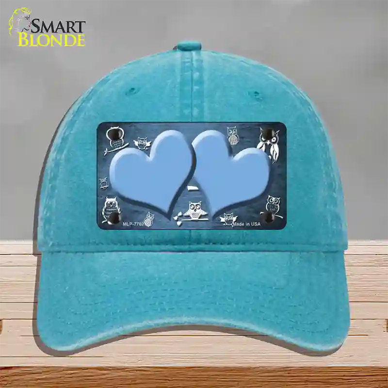 Light Blue White Owl Hearts Oil Rubbed Novelty License Plate Hat Unconstructed Cotton / Lake Blue