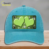 Lime Green White Owl Hearts Oil Rubbed Novelty License Plate Hat Unconstructed Cotton / Lake Blue