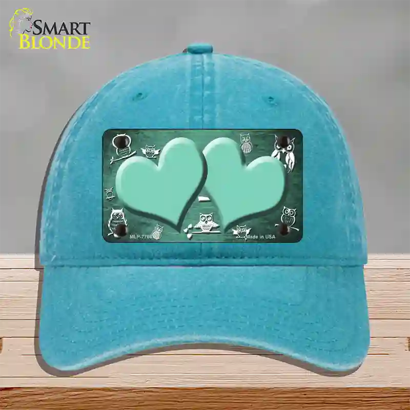 Mint White Owl Hearts Oil Rubbed Novelty License Plate Hat Unconstructed Cotton / Lake Blue