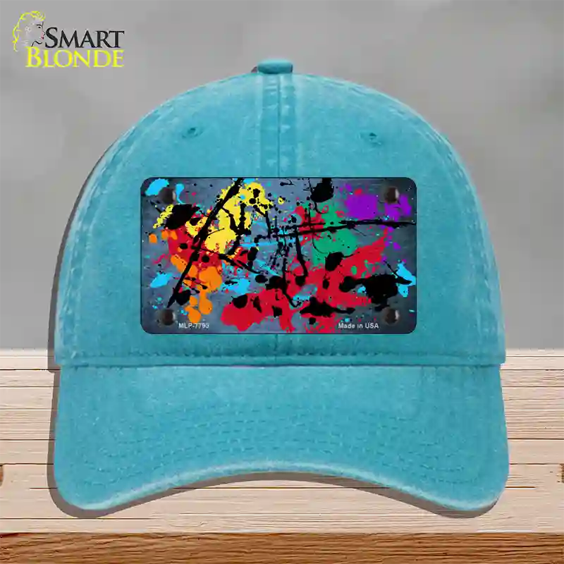 Light Blue Splatter Oil Rubbed Novelty License Plate Hat Unconstructed Cotton / Lake Blue