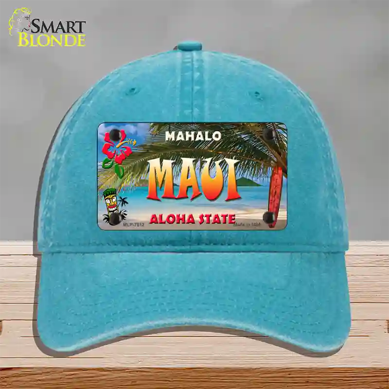 Maui Hawaii State Novelty License Plate Hat Unconstructed Cotton / Lake Blue