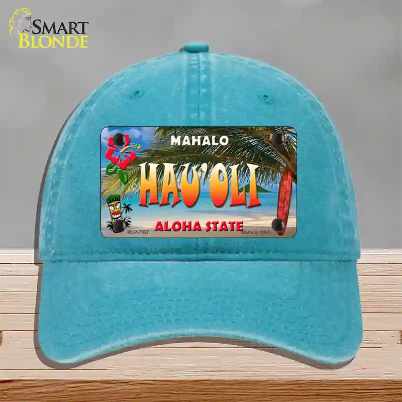 Hau oli Hawaii State Novelty License Plate Hat Unconstructed Cotton / Lake Blue