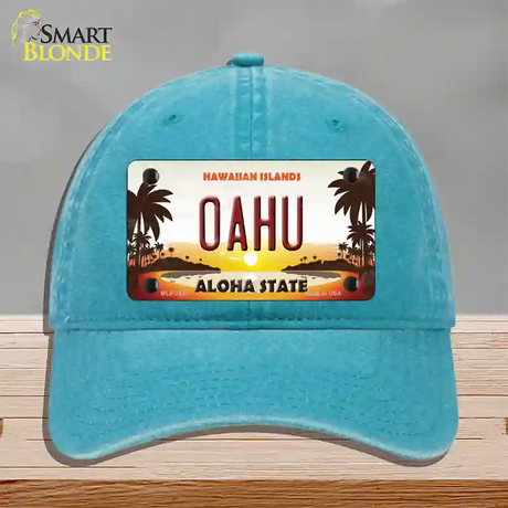 Oahu Hawaiian Islands Novelty License Plate Hat Unconstructed Cotton / Lake Blue