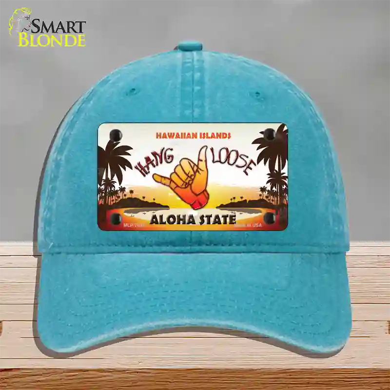 Hang Loose Hawaiian Islands Novelty License Plate Hat Unconstructed Cotton / Lake Blue