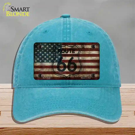 Route 66 American Flag Transparent Novelty License Plate Hat Unconstructed Cotton / Lake Blue