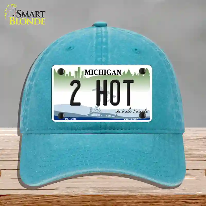 2 Hot Michigan Novelty License Plate Hat Unconstructed Cotton / Lake Blue