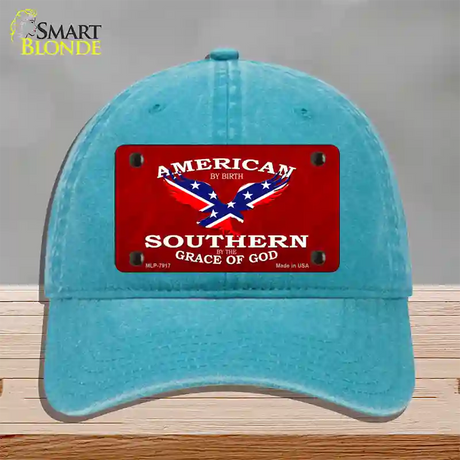 American By Birth Novelty License Plate Hat Unconstructed Cotton / Lake Blue