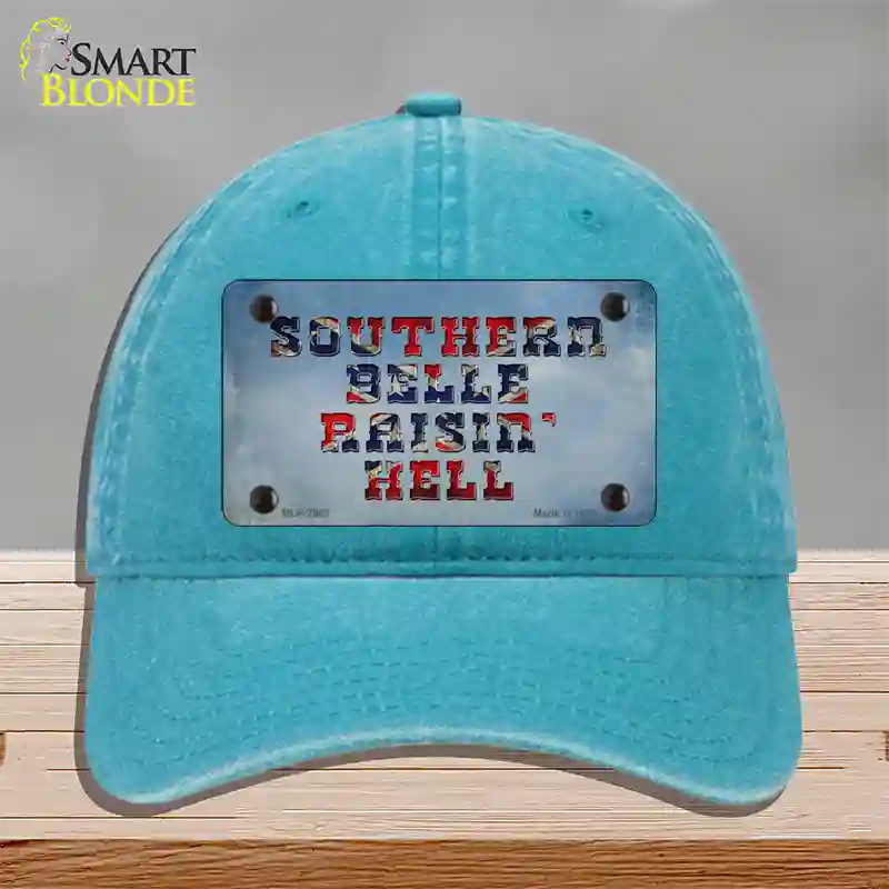 Southern Bell Raisin Hell Novelty License Plate Hat Unconstructed Cotton / Lake Blue