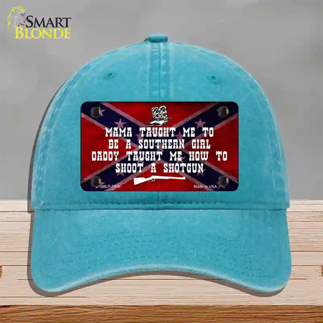 Mama Taught Me Novelty License Plate Hat Unconstructed Cotton / Lake Blue