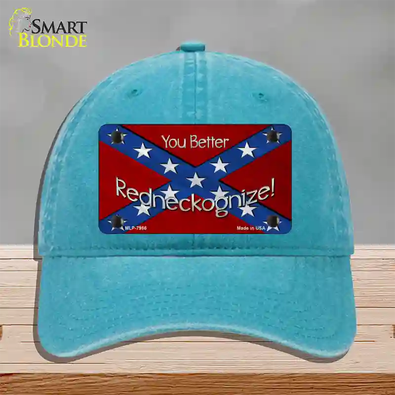 You Better Redneckognize Novelty License Plate Hat Unconstructed Cotton / Lake Blue