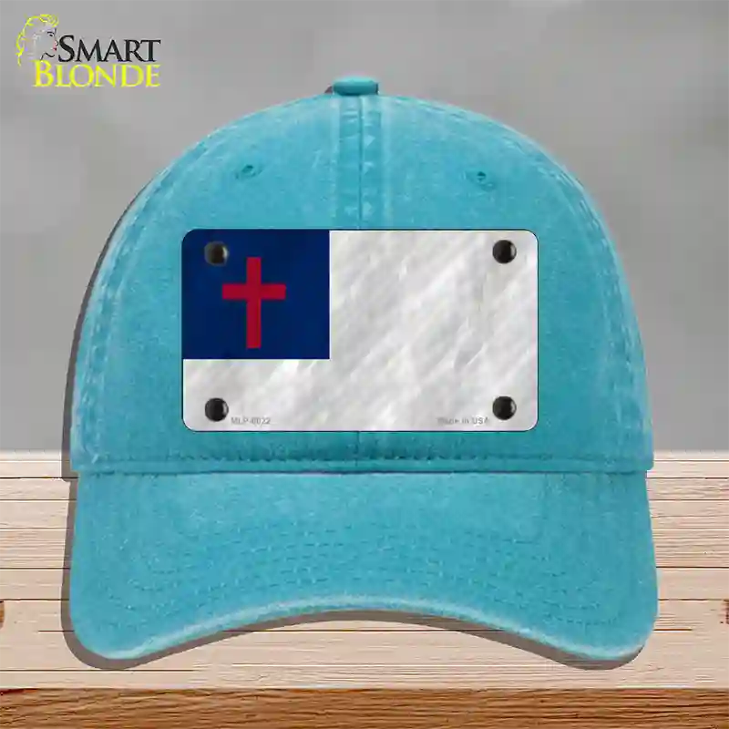 Christian Flag Novelty License Plate Hat Unconstructed Cotton / Lake Blue