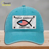 Proud American Christian Novelty License Plate Hat Unconstructed Cotton / Lake Blue