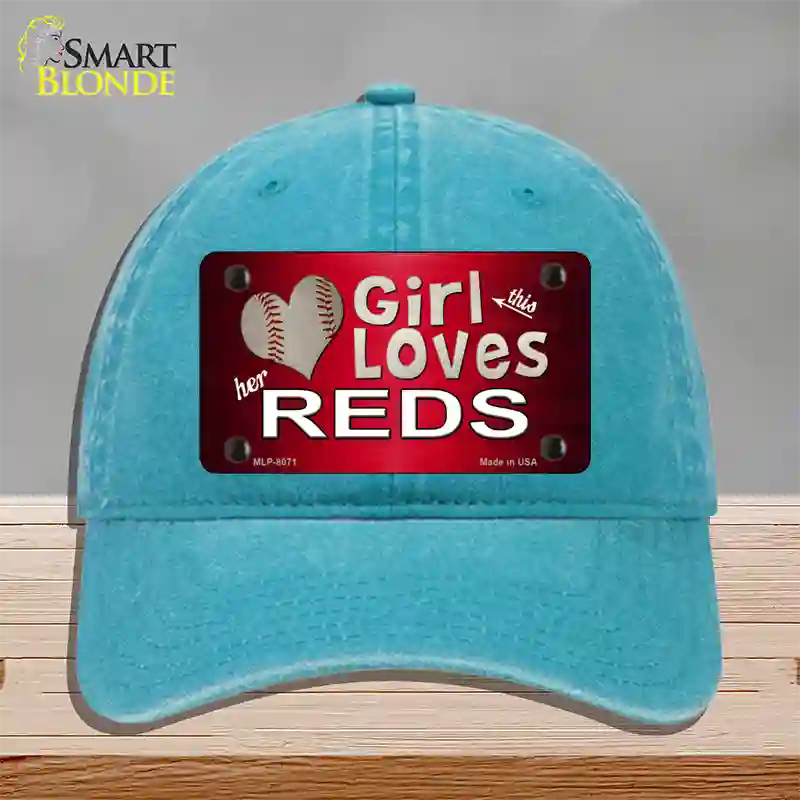 This Girl Loves Her Reds Novelty License Plate Hat Unconstructed Cotton / Lake Blue