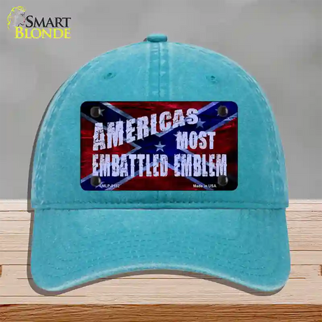 Americas Most Embattled Emblem Novelty License Plate Hat Unconstructed Cotton / Lake Blue