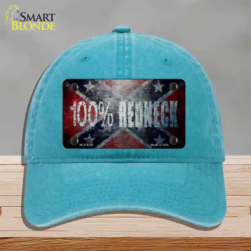 100% Redneck Confederate Novelty License Plate Hat Unconstructed Cotton / Lake Blue