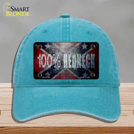 100% Redneck Confederate Novelty License Plate Hat Unconstructed Cotton / Lake Blue