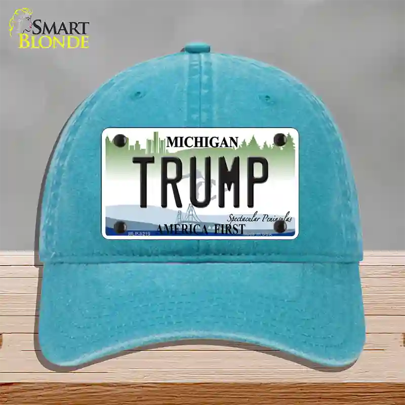 Trump Michigan Novelty License Plate Hat Unconstructed Cotton / Lake Blue